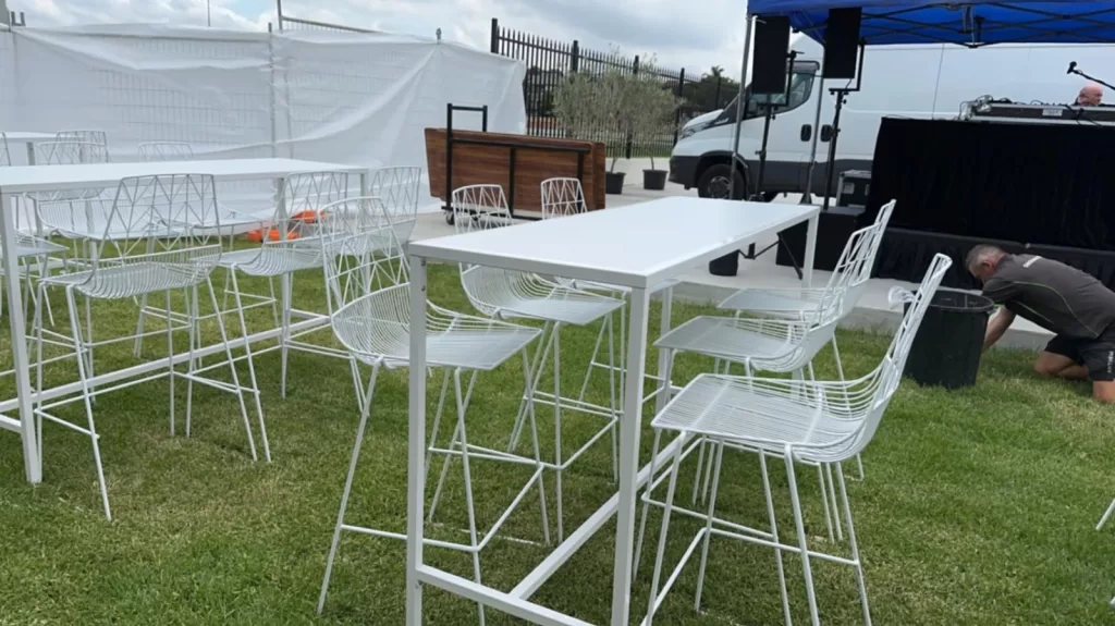 white rectangular tapas table with white wire stool hire