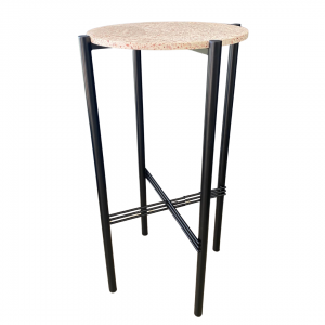black cross cocktail table hire with pink terrazzo top