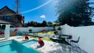 cocktail event by the pool with wire furnitures