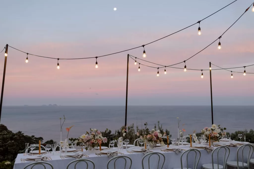 outdoor wedding with festoon lights hung up on poles